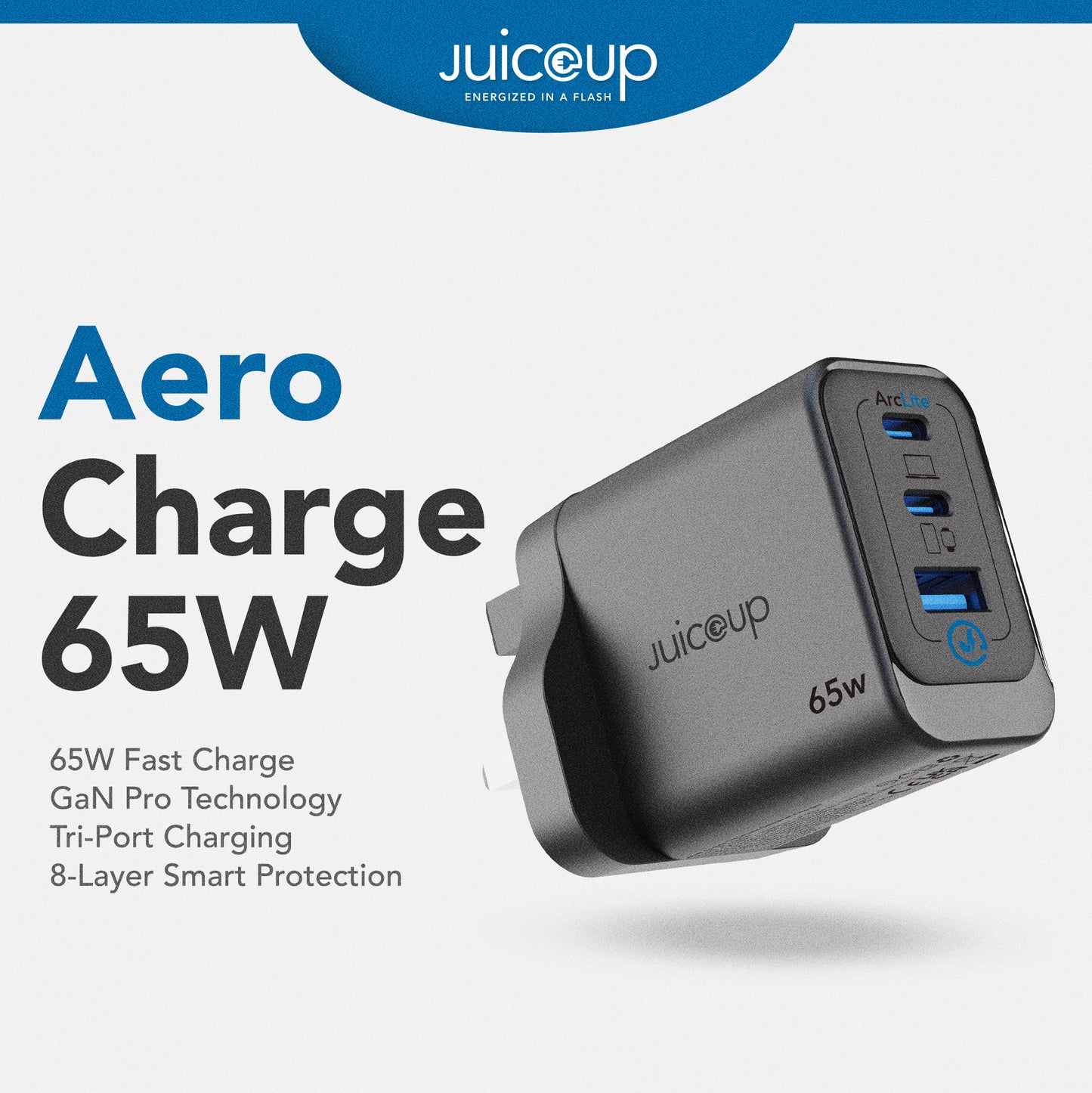 Juice Up AeroCharge 65W Dual USB-C and 1-Port USB-A Power Adapter